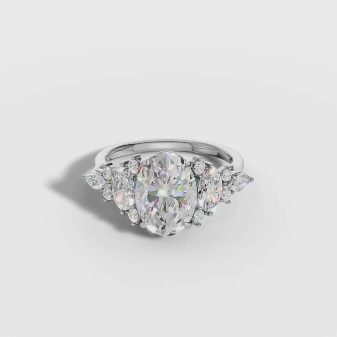 1 To 5 CT Luxury Oval Shape Lab Grown Diamond Engagement Ring with Oval & Round Side Stones in Gold | Pooja Diamond