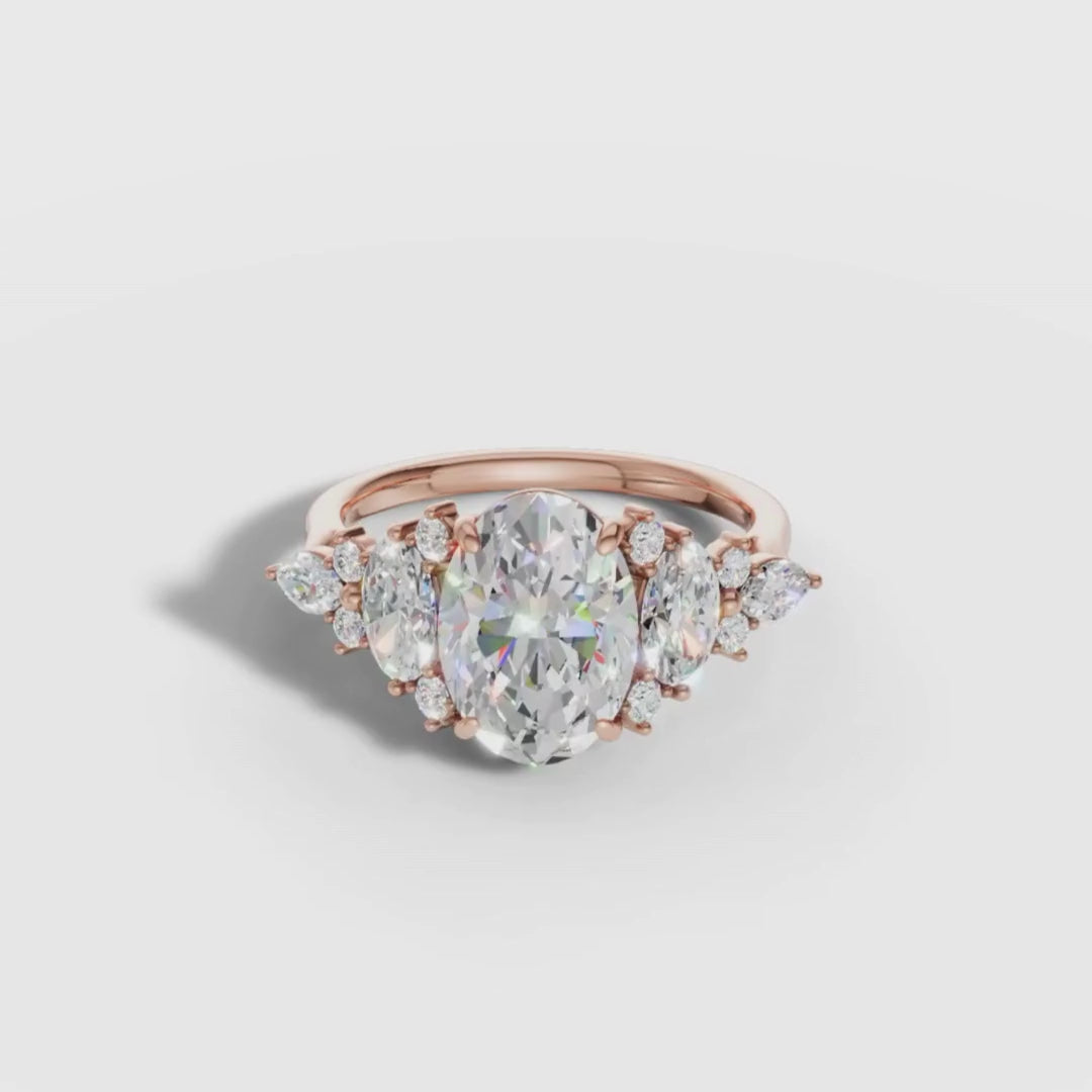 1 To 5 CT Luxury Oval Shape Lab Grown Diamond Engagement Ring with Oval & Round Side Stones in Gold | Pooja Diamond