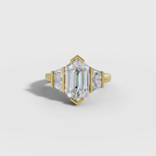1 To 3 CT Lab Grown Hexagonal Cut Three-Stone Diamond Ring in Gold | Modern Engagement Ring | Pooja Diamond