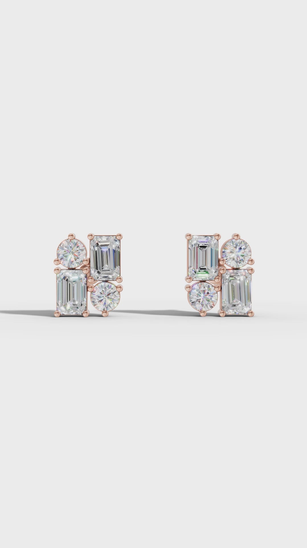 Lab Grown Diamond Geometric Stud Earrings | Emerald & Round Cut | Modern Cluster Diamond Earrings in 18K / 14K / 10K Gold