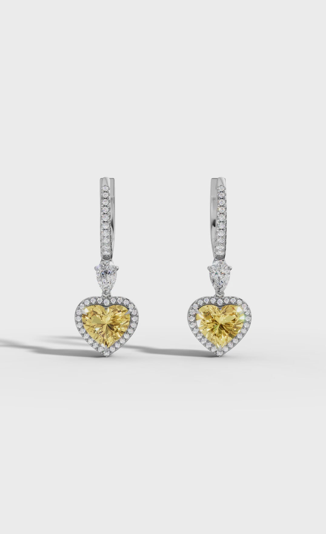 Lab Grown Yellow Diamond Heart Drop Hoop Earrings | Halo Dangle Earrings in 18K / 14K / 10K Gold | IGI Certified