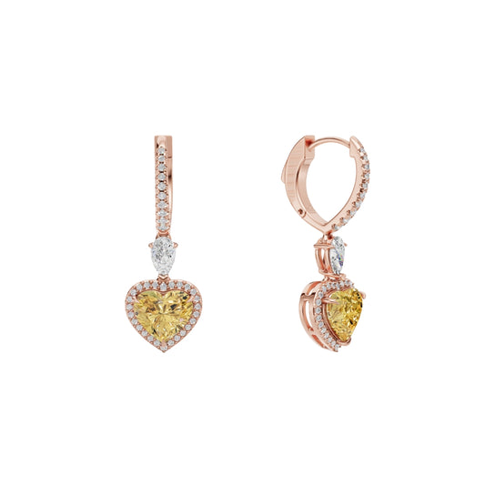 Lab Grown Yellow Diamond Heart Drop Hoop Earrings | Halo Dangle Earrings in 18K / 14K / 10K Gold | IGI Certified