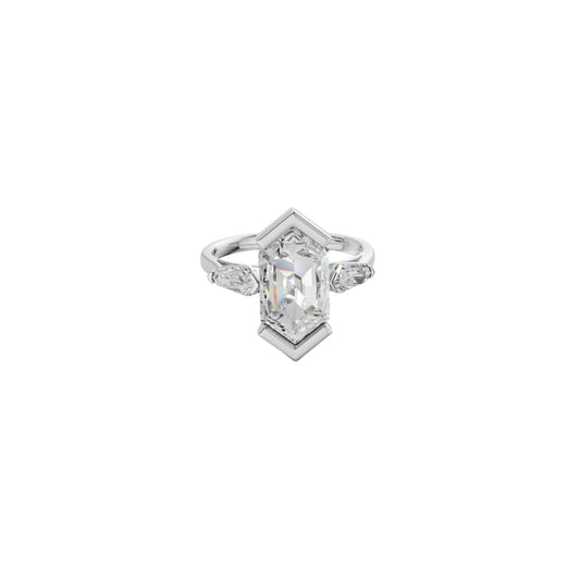 Hexagonal Cut Lab Grown Diamond Bezel Set Three Stone Ring