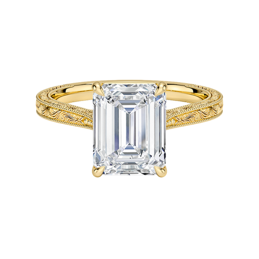 1 TO 5 CT Vintage Emerald Cut Lab Grown Diamond Elsie Engraved Solitaire Ring in 10K/14K/18K Gold | Ethical Luxury – Pooja Diamond | IGI Certified Lab Diamond