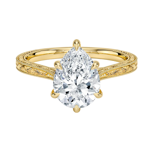 1 TO 5 CT Vintage Pear Cut Lab Grown Diamond Elsie Engraved Solitaire Ring in 10K/14K/18K Gold | Ethical Luxury – Pooja Diamond | IGI Certified Lab Diamond