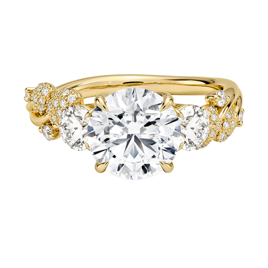 1 To 5 CT Canopy Three Stone Lab-Grown Diamond Ring in 10K/14K/18K Gold – Round Cut Center with Nature-Inspired Round Diamond Accents | Pooja Diamond | IGI Certified Lab Diamond