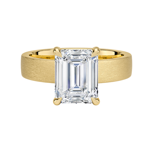 1 TO 5 CT Lab Grown Emerald Cut Diamond Peyton 4mm Satin Finish Solitaire Ring in 10K/14K/18K Gold with Brushed Wide Band | IGI Certified Lab Diamond