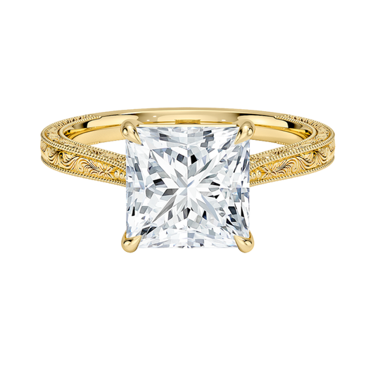 1 TO 5 CT Vintage Princess Cut Lab Grown Diamond Elsie Engraved Solitaire Ring in 10K/14K/18K Gold | Ethical Luxury – Pooja Diamond | IGI Certified Lab Diamond