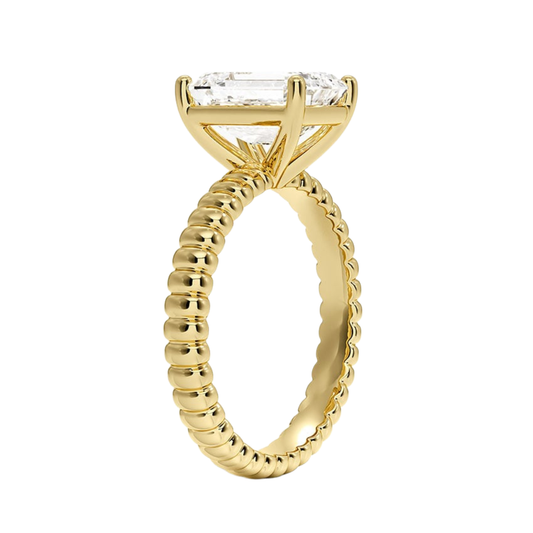 1 TO 5 CT Lab Grown Emerald Cut Diamond Petra Textured Solitaire Ring in 10K/14K/18K Gold with Beaded Band | IGI Certified Lab Diamond
