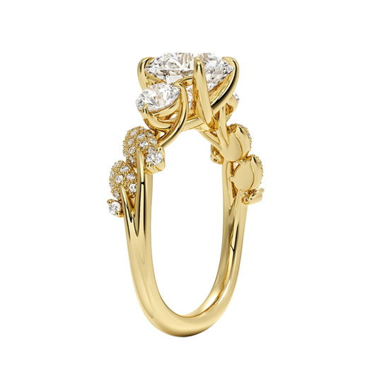 1 To 5 CT Canopy Three Stone Lab-Grown Diamond Ring in 10K/14K/18K Gold – Round Cut Center with Nature-Inspired Round Diamond Accents | Pooja Diamond | IGI Certified Lab Diamond